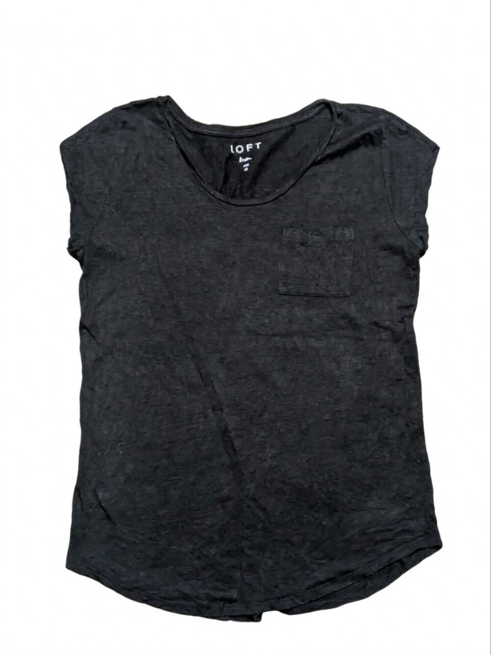 LOFT 100% Linen Shirt Medium Black Slub Knit Scoop Neck Pocket Tee Short Sleeve
